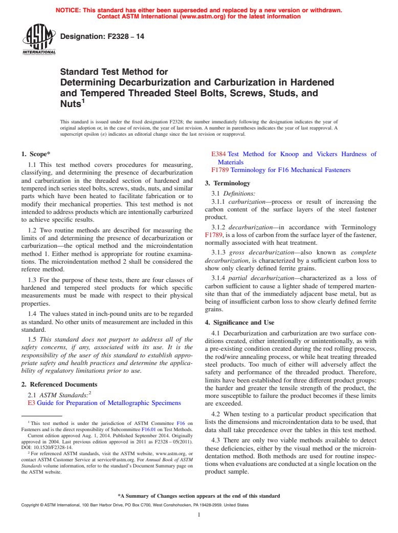 ASTM F2328-14 - Standard Test Method for  Determining Decarburization and Carburization in Hardened and   Tempered Threaded Steel Bolts, Screws, Studs, and Nuts