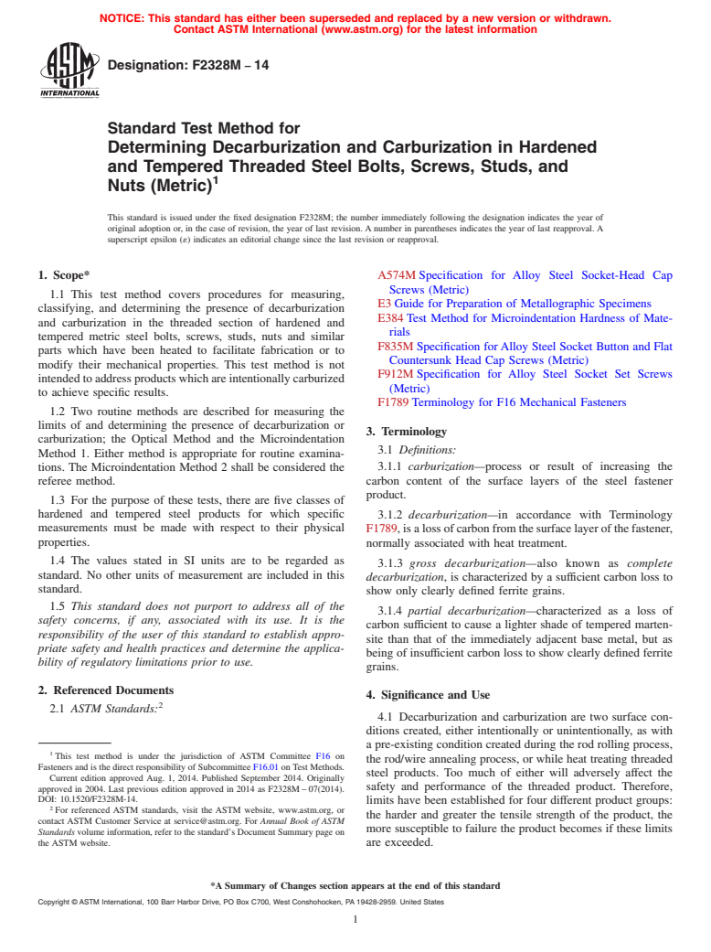 ASTM F2328M-14 - Standard Test Method for  Determining Decarburization and Carburization in Hardened and   Tempered Threaded Steel Bolts, Screws, Studs, and Nuts &#40;Metric&#41;