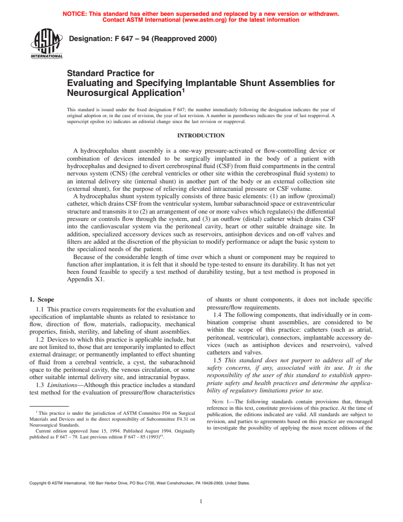 ASTM F647-94(2000) - Standard Practice for Evaluating and Specifying Implantable Shunt Assemblies for Neurosurgical Application