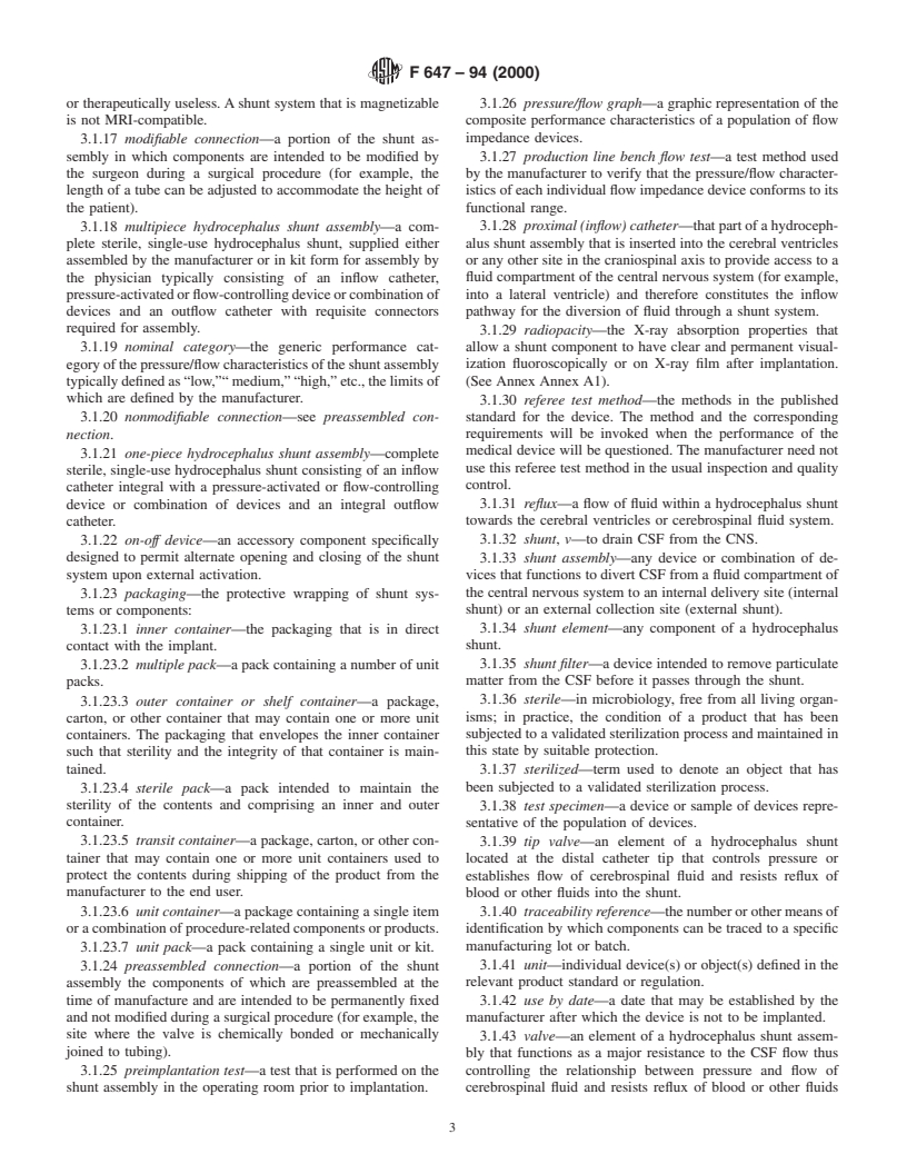 ASTM F647-94(2000) - Standard Practice for Evaluating and Specifying Implantable Shunt Assemblies for Neurosurgical Application