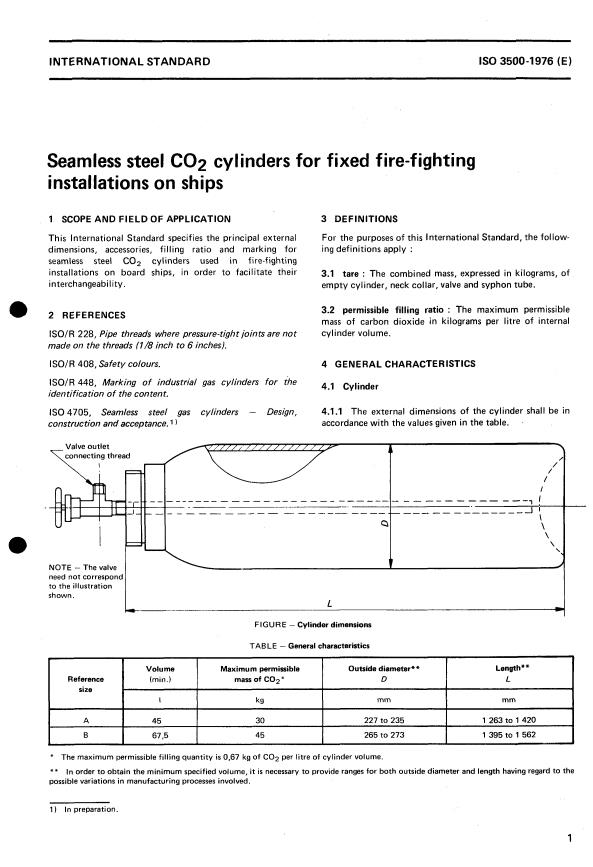 ISO 3500:1976 - Seamless steel CO2 cylinders for fixed fire-fighting installations on ships