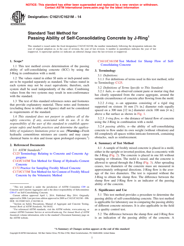 ASTM C1621/C1621M-14 - Standard Test Method for  Passing Ability of Self-Consolidating Concrete by J-Ring