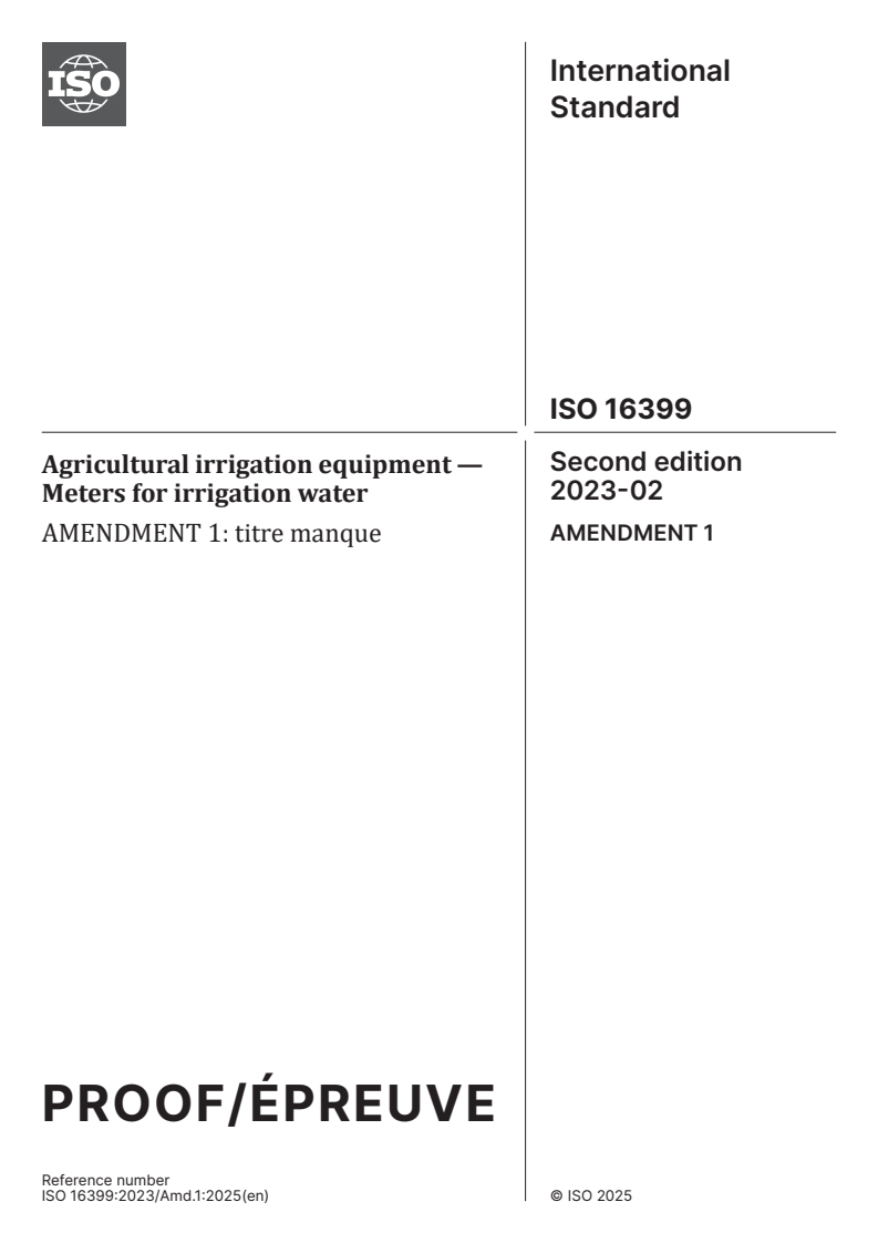ISO 16399:2023/Amd 1 ISO 16399:2023/PRF Amd 1 - Agricultural irrigation equipment — Meters for irrigation water — Amendment 1: titre manque
Released:8. 01. 2025