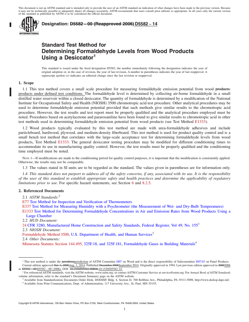 REDLINE ASTM D5582-14 - Standard Test Method for  Determining Formaldehyde Levels from Wood Products Using a   Desiccator