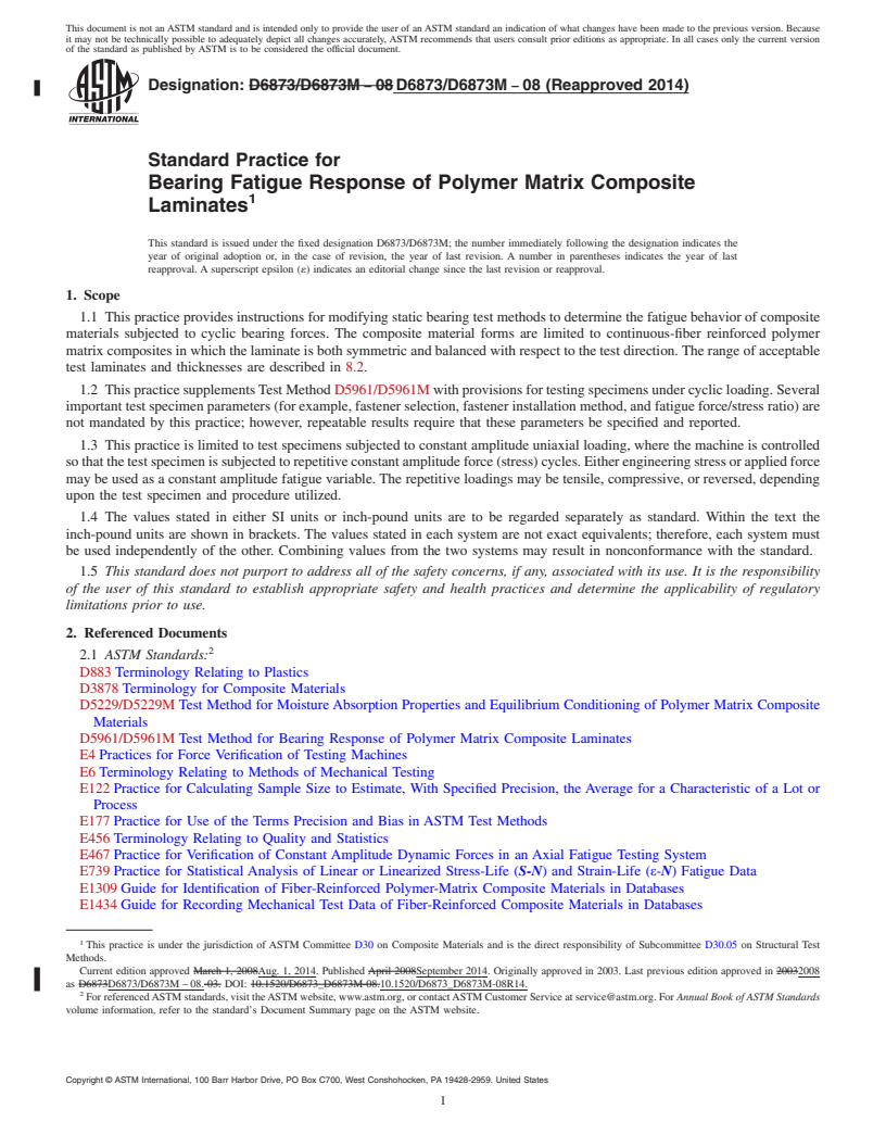 REDLINE ASTM D6873/D6873M-08(2014) - Standard Practice for  Bearing Fatigue Response of Polymer Matrix Composite Laminates