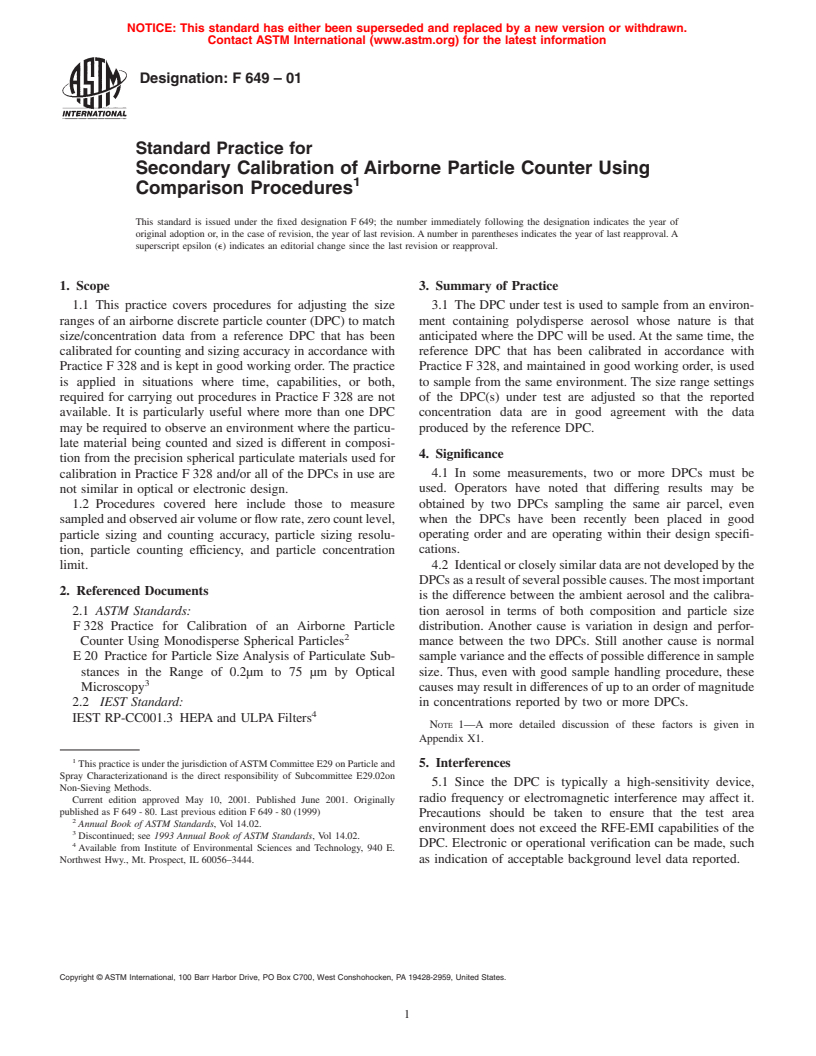 ASTM F649-01 - Standard Practice for Secondary Calibration of Airborne Particle Counter Using Comparison Procedures (Withdrawn 2007)