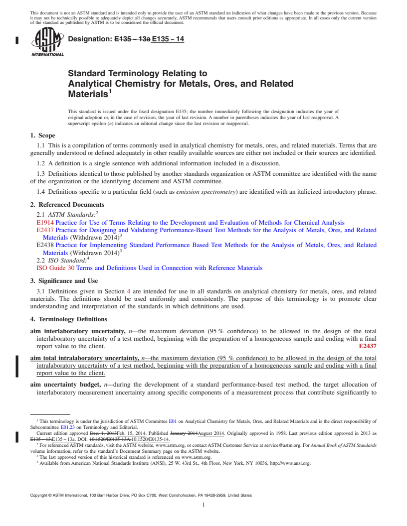 REDLINE ASTM E135-14 - Standard Terminology Relating to  Analytical Chemistry for Metals, Ores, and Related Materials