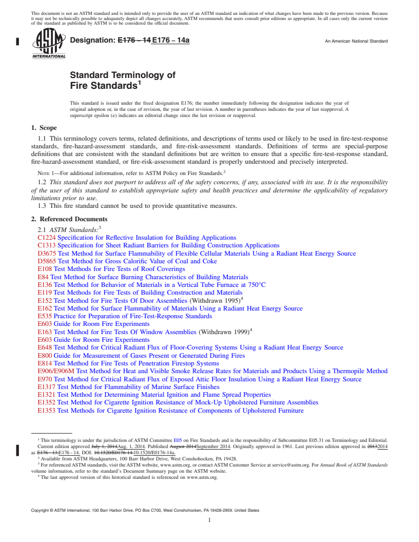 REDLINE ASTM E176-14a - Standard Terminology of  Fire Standards