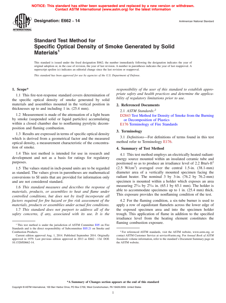 ASTM E662-14 - Standard Test Method for  Specific Optical Density of Smoke Generated by Solid Materials