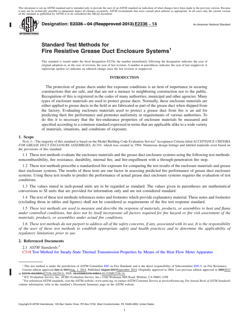 REDLINE ASTM E2336-14 - Standard Test Methods  for  Fire Resistive Grease Duct Enclosure Systems