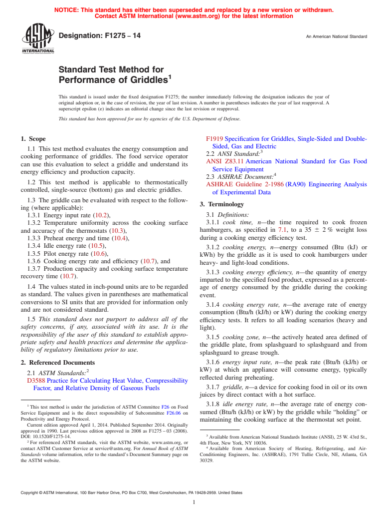 ASTM F1275-14 - Standard Test Method for  Performance of Griddles