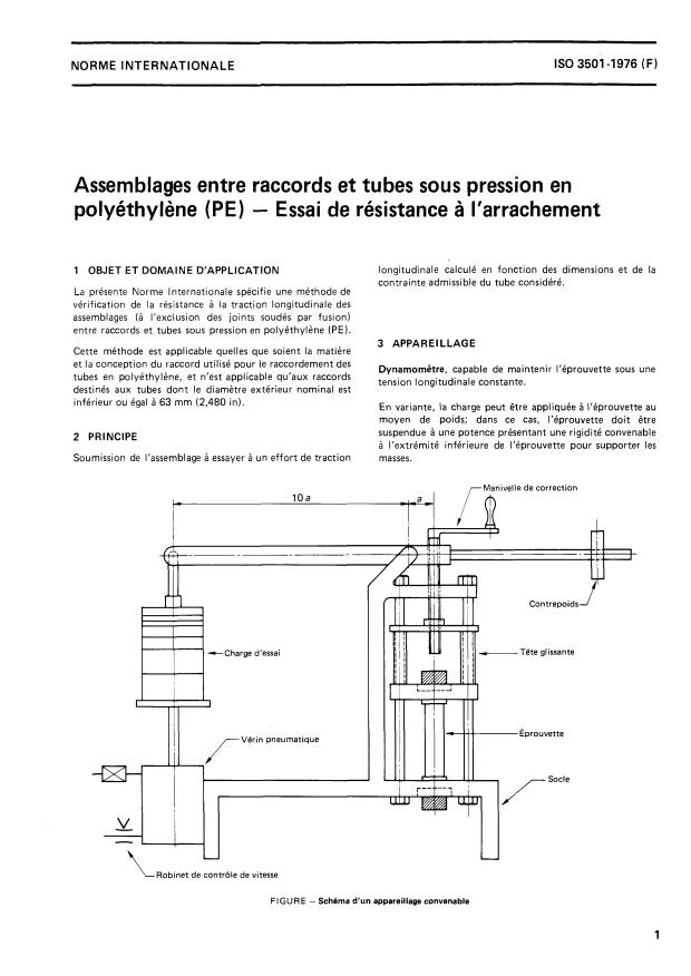 ISO 3501:1976 - Assemblages entre raccords et tubes sous pression en polyéthylene (PE) -- Essai de résistance a l'arrachement