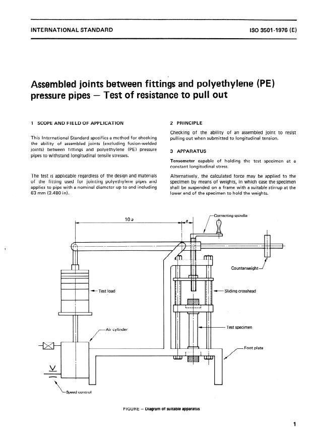 ISO 3501:1976 - Assembled joints between fittings and polyethylene (PE) pressure pipes -- Test of resistance to pull out