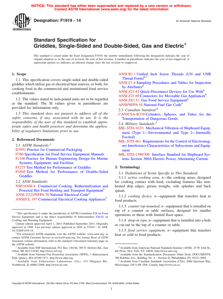 ASTM F1919-14 - Standard Specification for Griddles, Single-Sided and Double-Sided, Gas and Electric