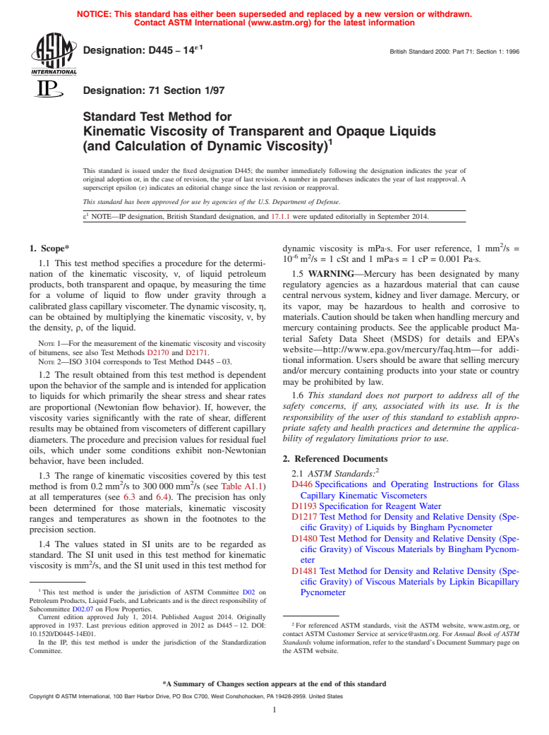 ASTM D445-14e1 - Standard Test Method for  Kinematic Viscosity of Transparent and Opaque Liquids &#40;and  Calculation of Dynamic Viscosity&#41;