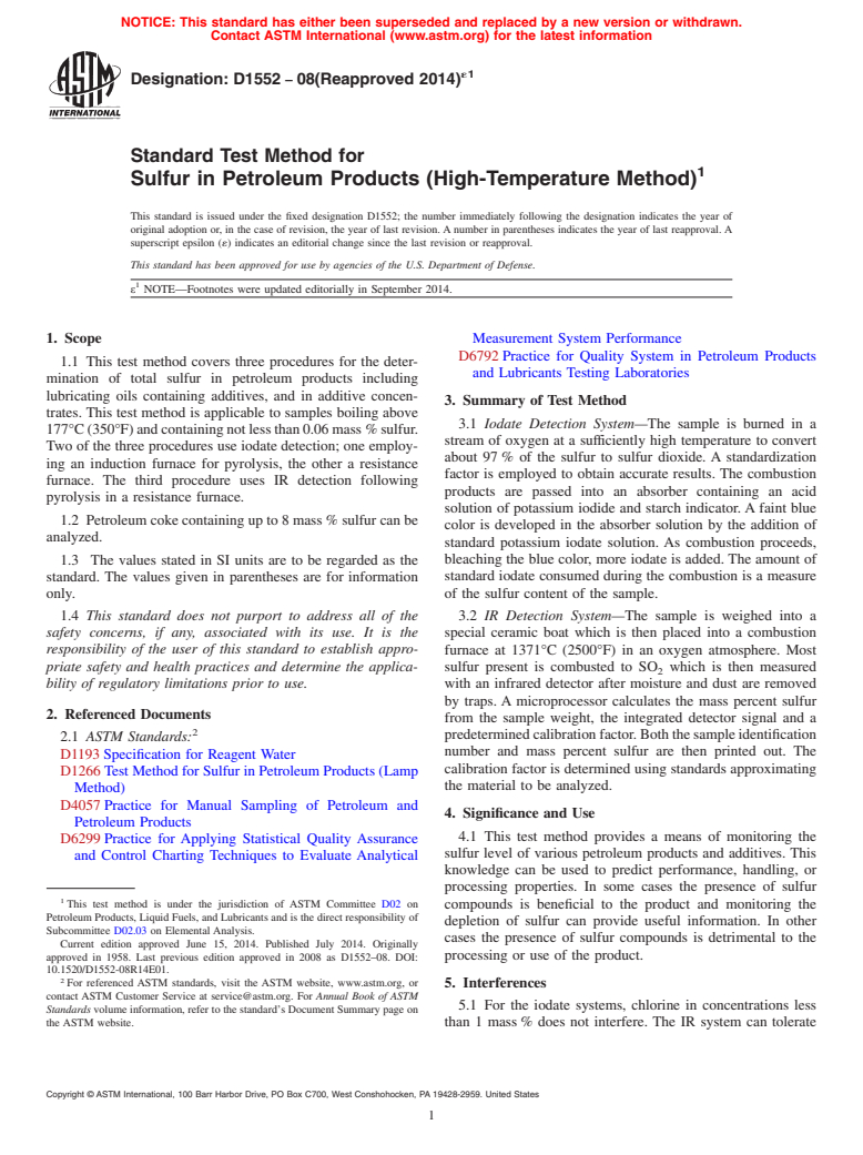 ASTM D1552-08(2014)e1 - Standard Test Method for  Sulfur in Petroleum Products &#40;High-Temperature Method&#41;