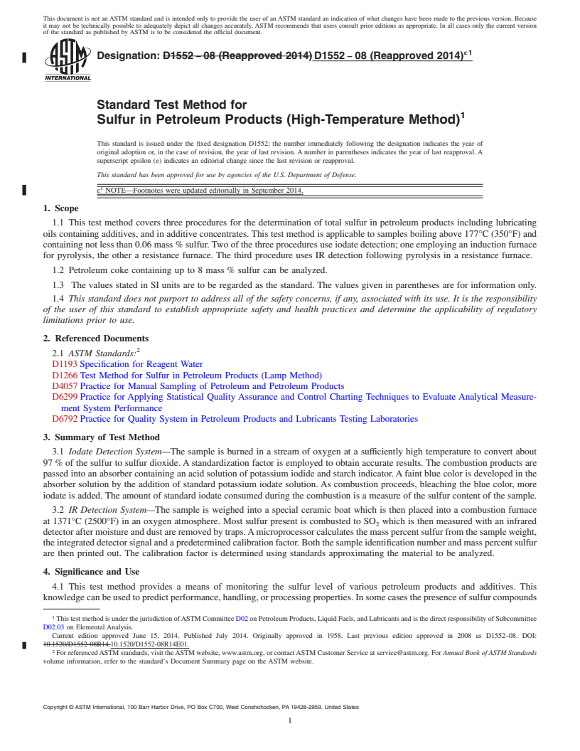 REDLINE ASTM D1552-08(2014)e1 - Standard Test Method for  Sulfur in Petroleum Products &#40;High-Temperature Method&#41;