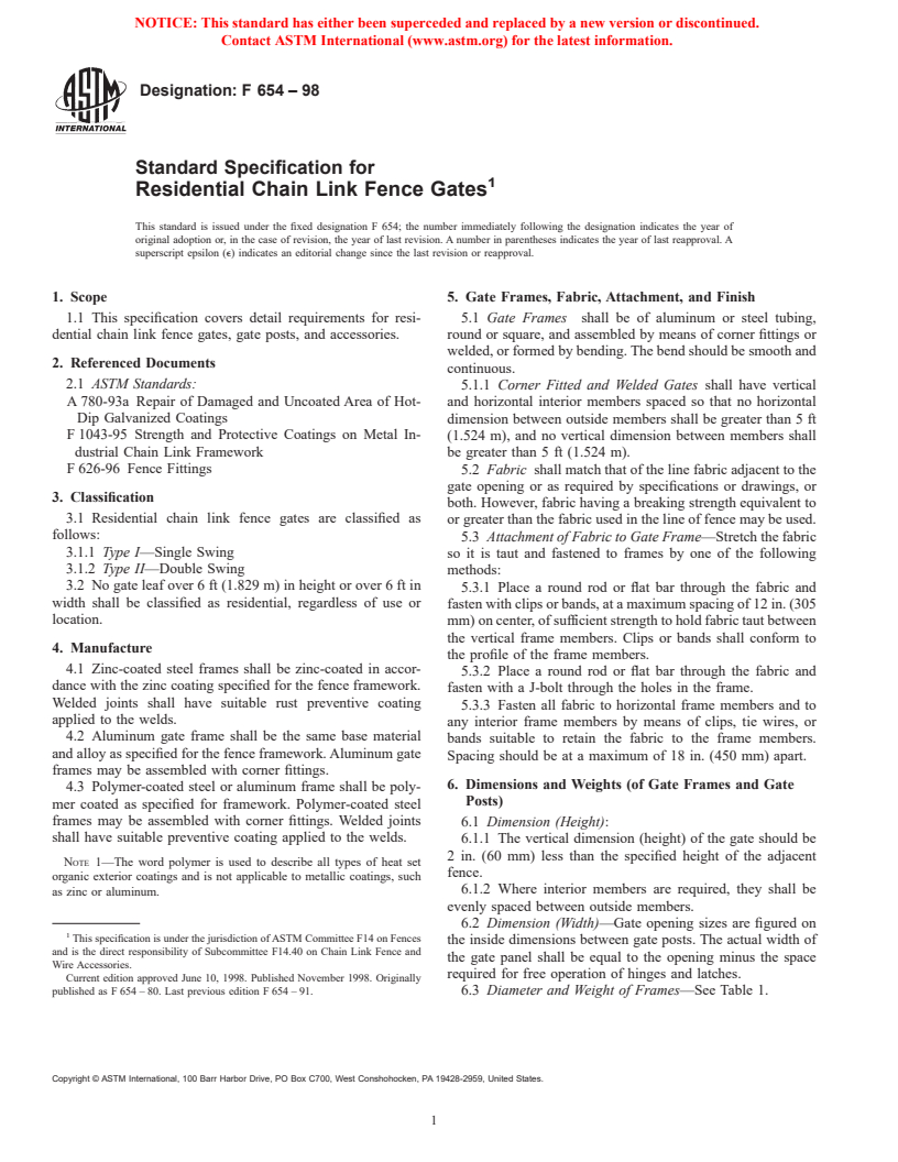ASTM F654-98 - Standard Specification for Residential Chain Link Fence Gates