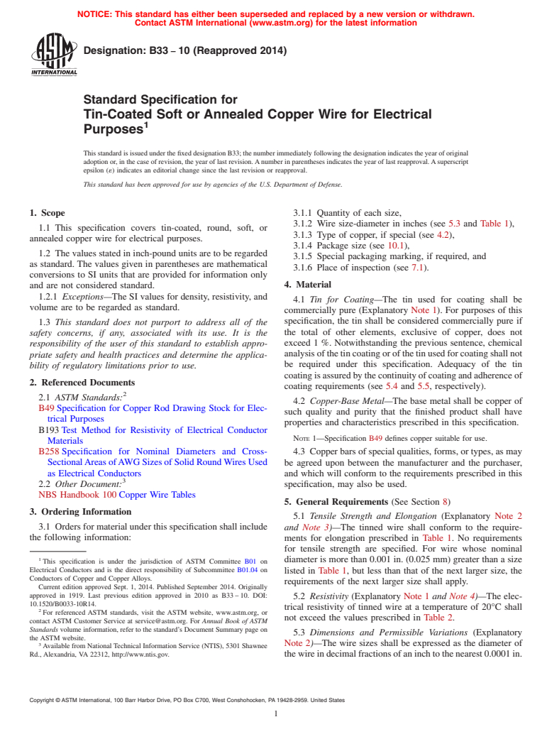 ASTM B33-10(2014) - Standard Specification for Tin-Coated Soft or Annealed Copper Wire for Electrical Purposes