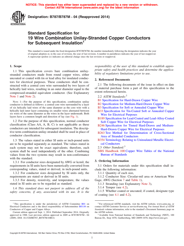 ASTM B787/B787M-04(2014) - Standard Specification for 19 Wire Combination Unilay-Stranded Copper Conductors for Subsequent   Insulation