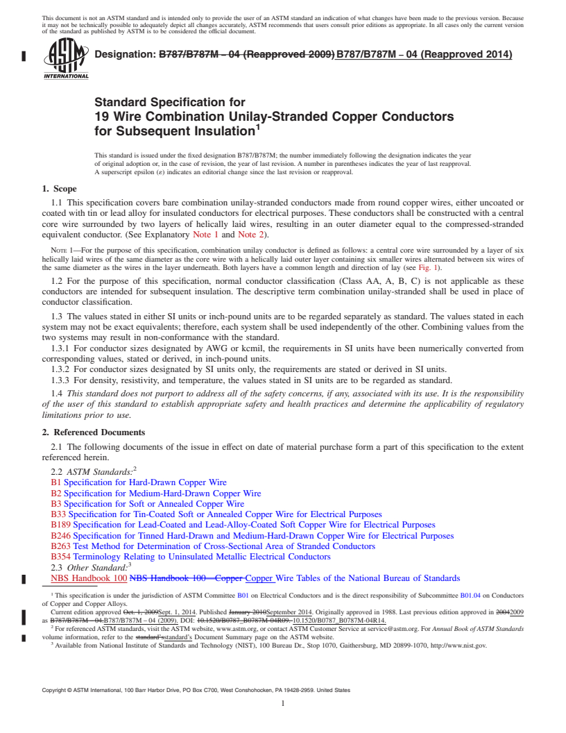 REDLINE ASTM B787/B787M-04(2014) - Standard Specification for 19 Wire Combination Unilay-Stranded Copper Conductors for Subsequent   Insulation