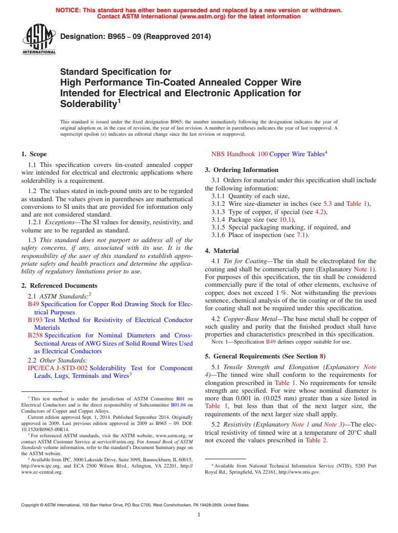 ASTM B965-09(2014) - Standard Specification for High Performance Tin-Coated Annealed Copper Wire Intended for  Electrical and Electronic Application for Solderability