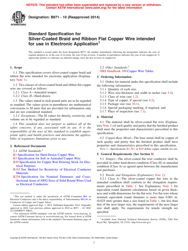 ASTM B971-10(2014) - Standard Specification for Silver-Coated Braid and Ribbon Flat Copper Wire intended for   use in Electronic Application