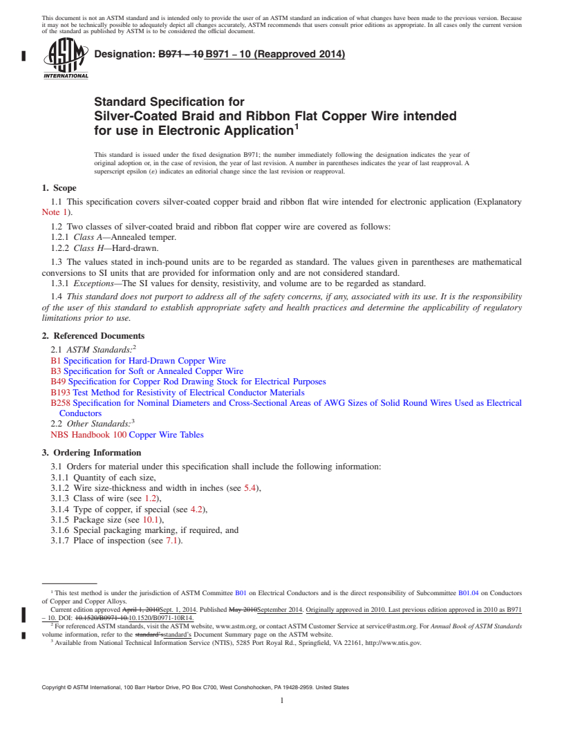 REDLINE ASTM B971-10(2014) - Standard Specification for Silver-Coated Braid and Ribbon Flat Copper Wire intended for   use in Electronic Application