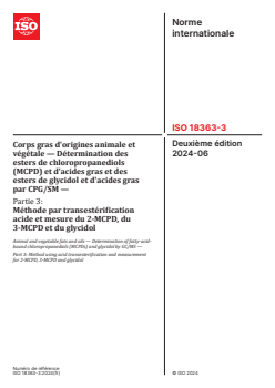 ISO 18363-3:2024 ISO 18363-3:2024 - Corps gras d'origines animale et végétale — Détermination des esters de chloropropanediols (MCPD) et d'acides gras et des esters de glycidol et d'acides gras par CPG/SM — Partie 3: Méthode par transestérification acide et mesure du 2-MCPD, du 3-MCPD et du glycidol
Released:1. 07. 2024 - Page 1 preview