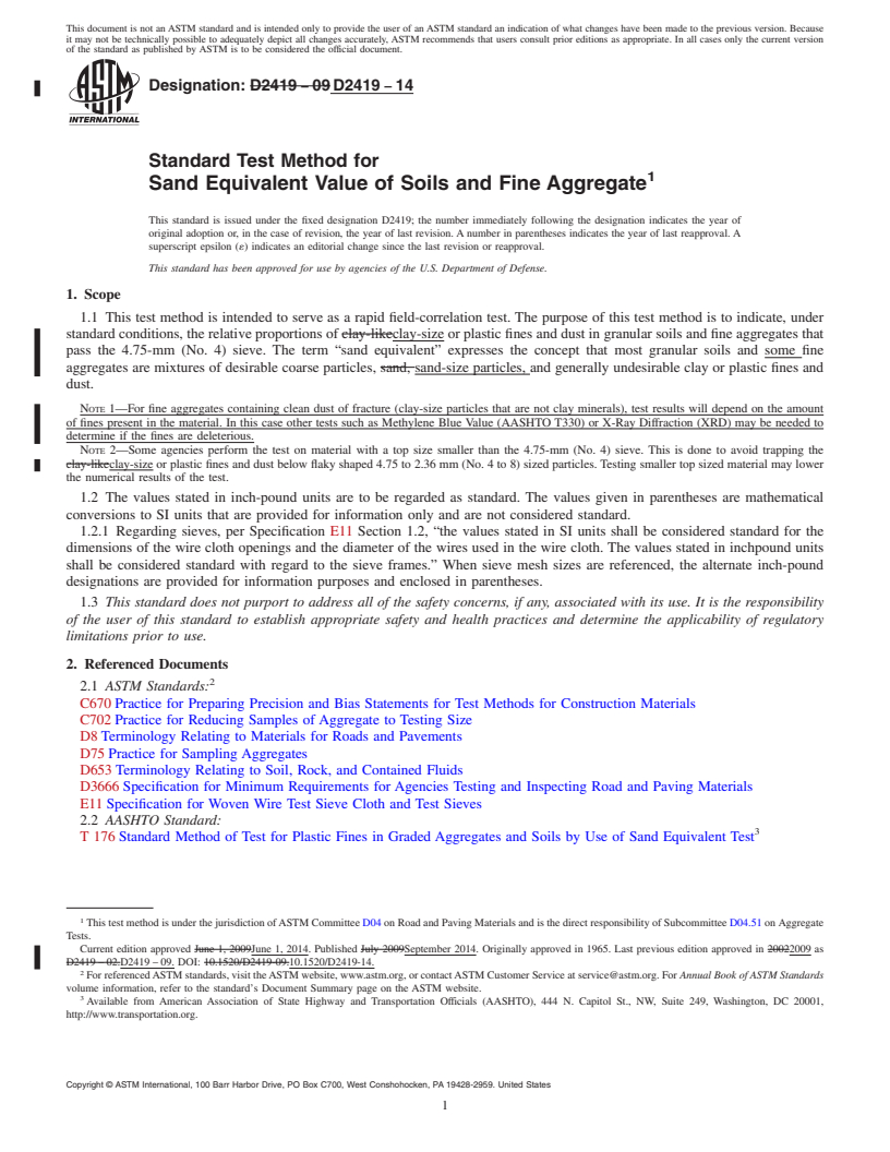 REDLINE ASTM D2419-14 - Standard Test Method for  Sand Equivalent Value of Soils and Fine Aggregate