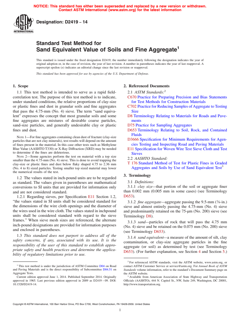 ASTM D2419-14 - Standard Test Method for  Sand Equivalent Value of Soils and Fine Aggregate