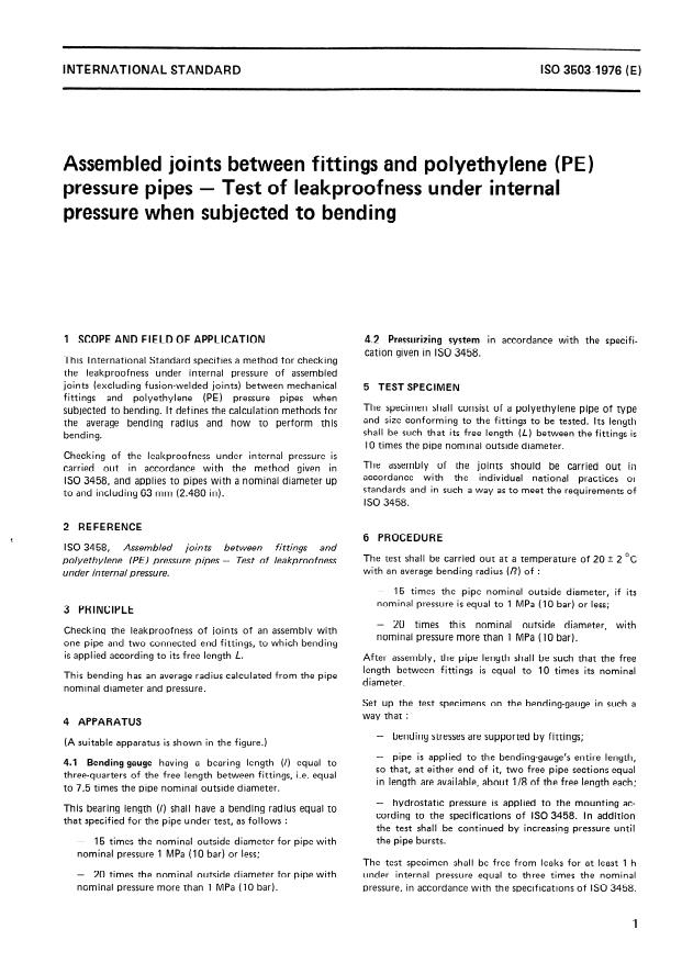 ISO 3503:1976 - Assembled joints between fittings and polyethylene (PE) pressure pipes -- Test of leakproofness under internal pressure when subjected to bending