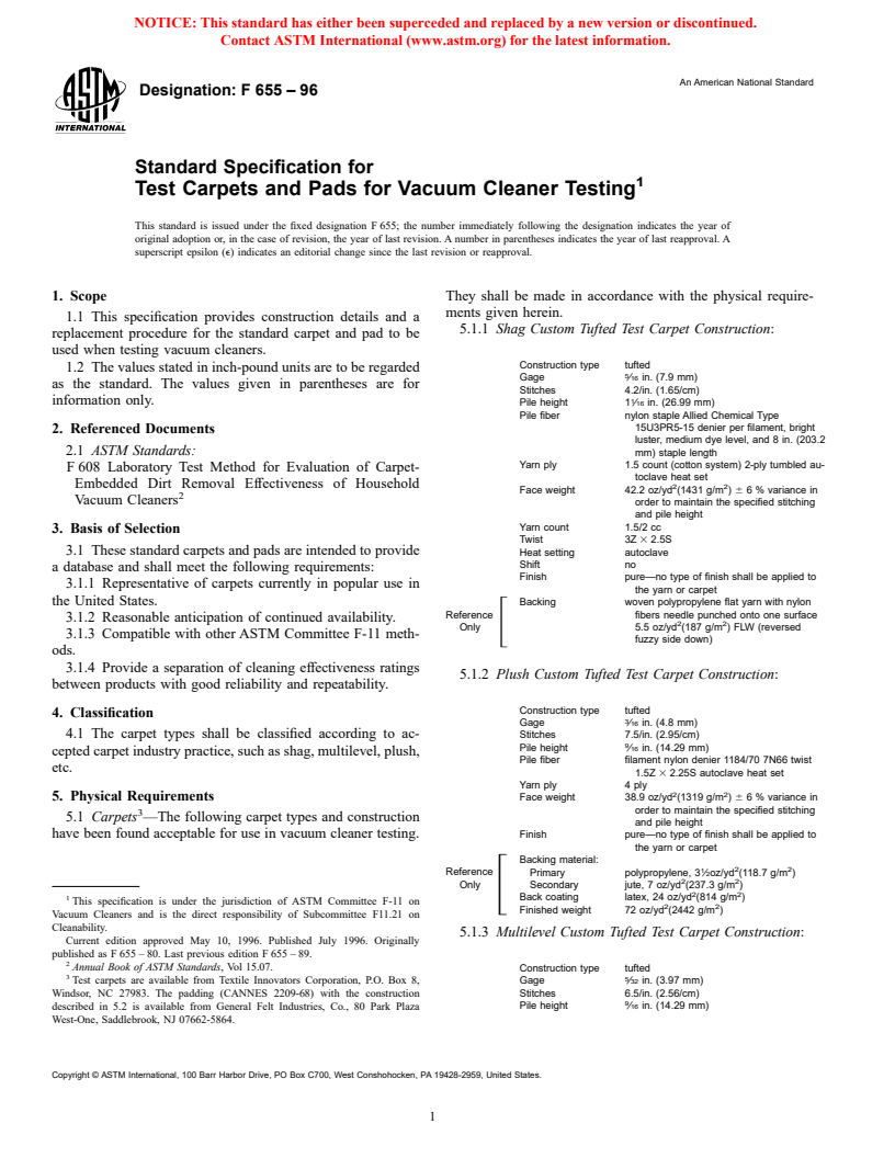 ASTM F655-96 - Standard Specification for Test Carpets and Pads for Vacuum Cleaner Testing