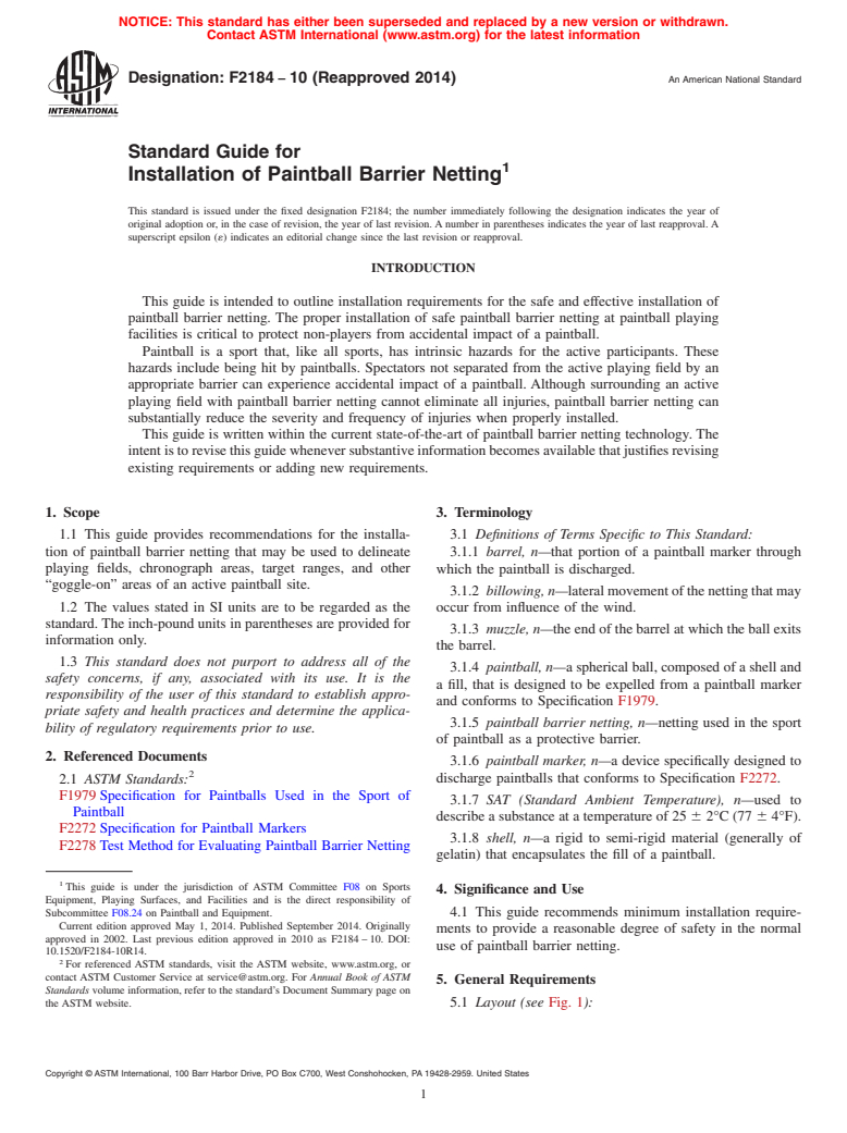 ASTM F2184-10(2014) - Standard Guide for Installation of Paintball Barrier Netting