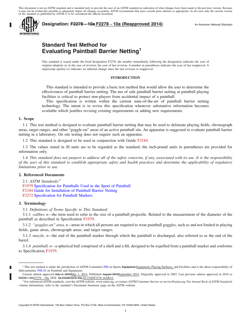 REDLINE ASTM F2278-10a(2014) - Standard Test Method for  Evaluating Paintball Barrier Netting