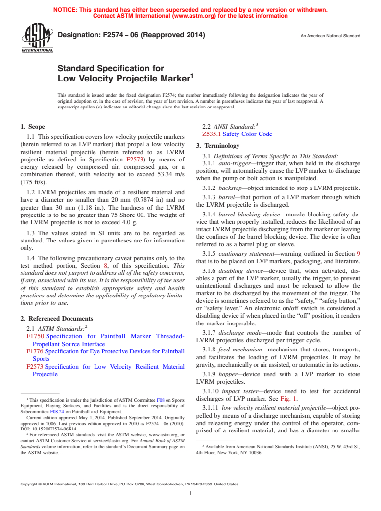 ASTM F2574-06(2014) - Standard Specification for  Low Velocity Projectile Marker