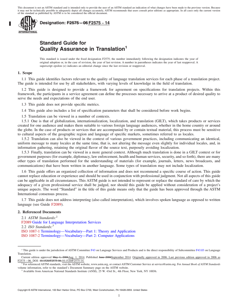 REDLINE ASTM F2575-14 - Standard Guide for  Quality Assurance in Translation