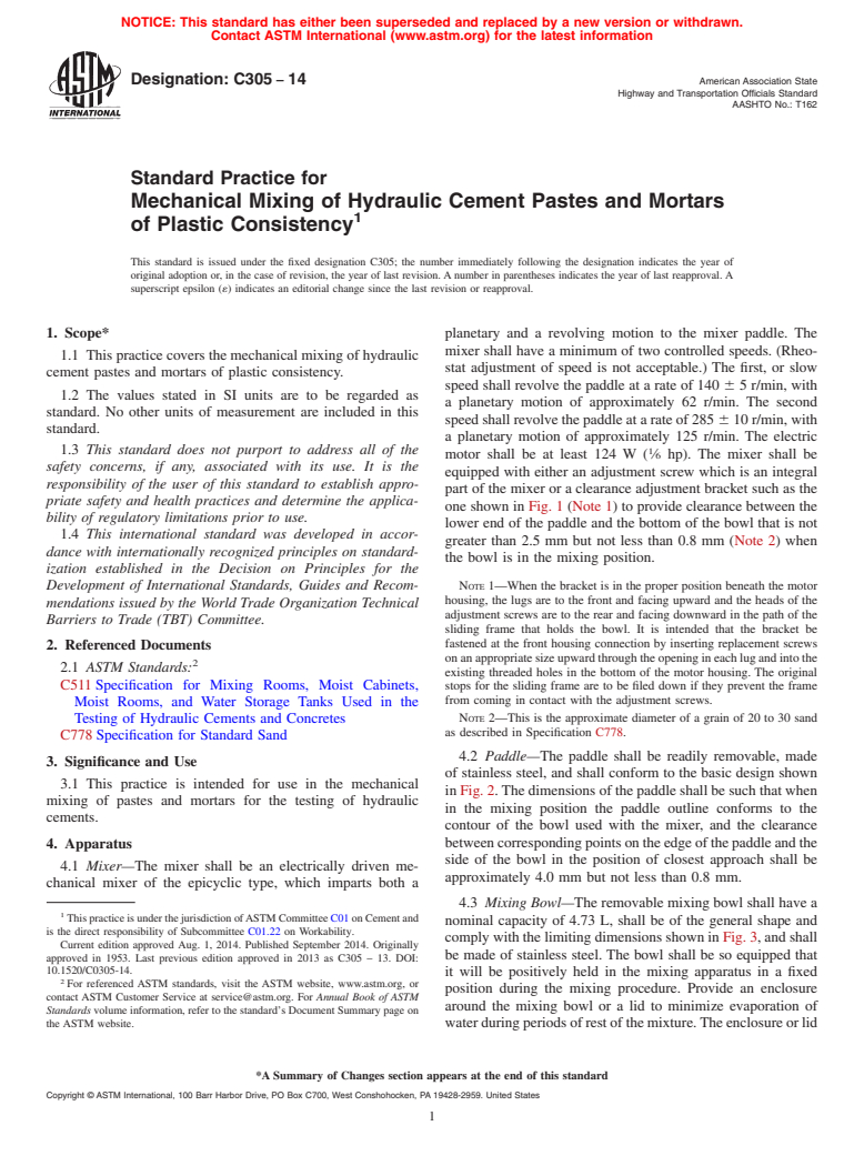 ASTM C305-14 - Standard Practice for  Mechanical Mixing of Hydraulic Cement Pastes and Mortars of  Plastic Consistency