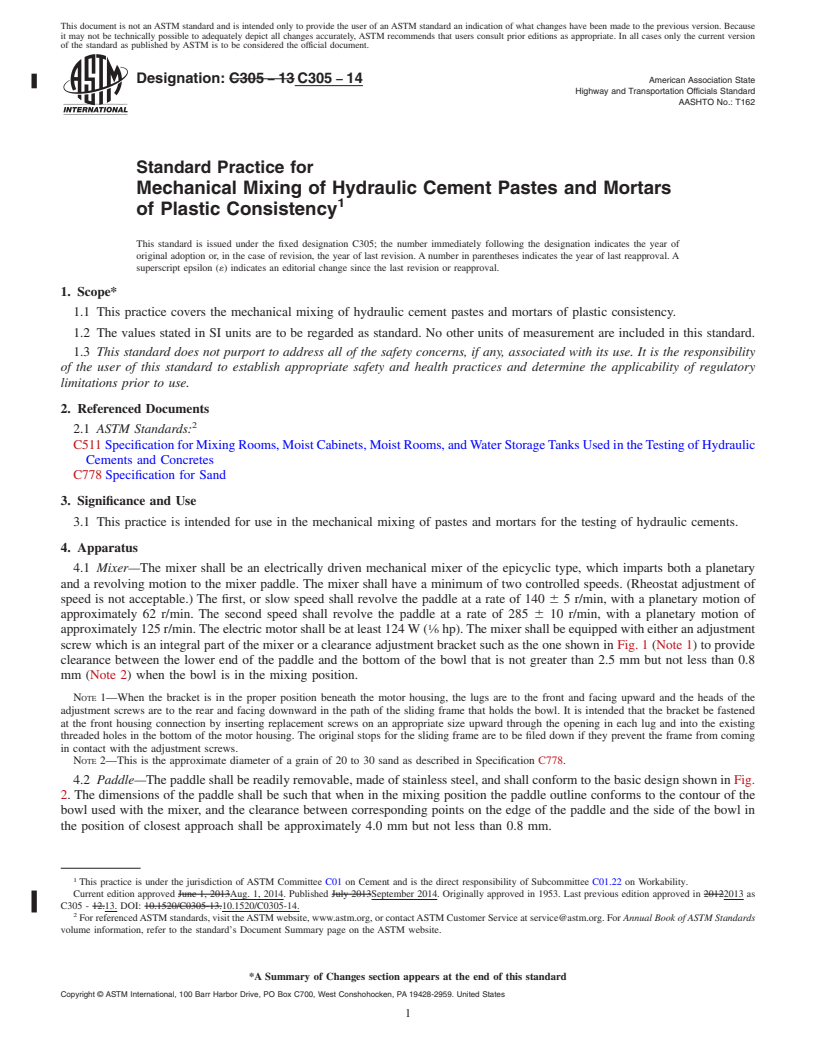 REDLINE ASTM C305-14 - Standard Practice for  Mechanical Mixing of Hydraulic Cement Pastes and Mortars of  Plastic Consistency