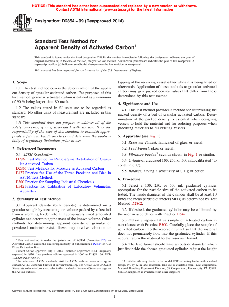 ASTM D2854-09(2014) - Standard Test Method for Apparent Density of Activated Carbon