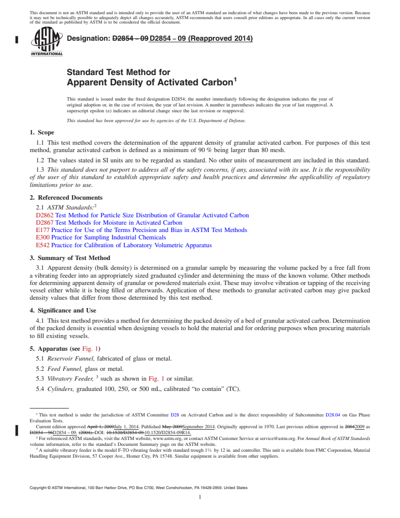 REDLINE ASTM D2854-09(2014) - Standard Test Method for Apparent Density of Activated Carbon