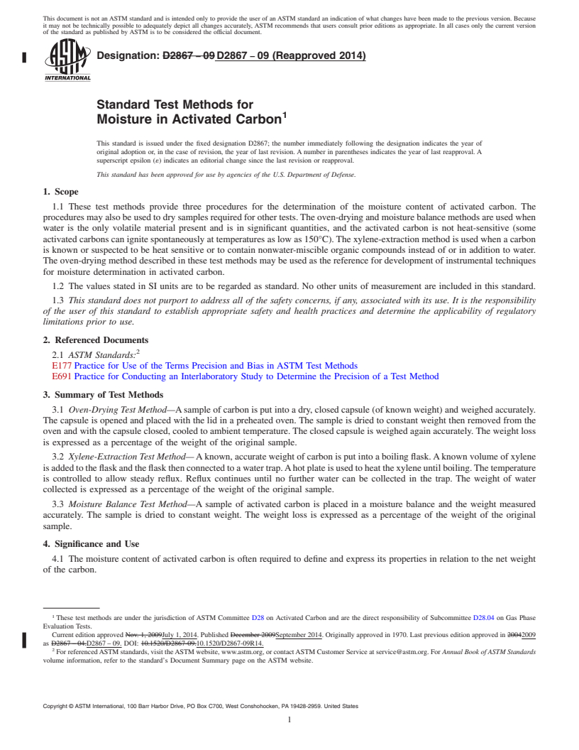 REDLINE ASTM D2867-09(2014) - Standard Test Methods for  Moisture in Activated Carbon