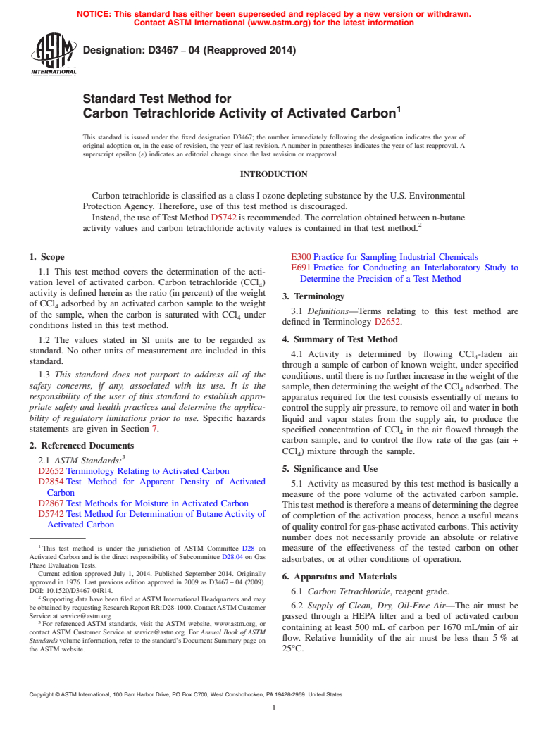 ASTM D3467-04(2014) - Standard Test Method for  Carbon Tetrachloride Activity of Activated Carbon