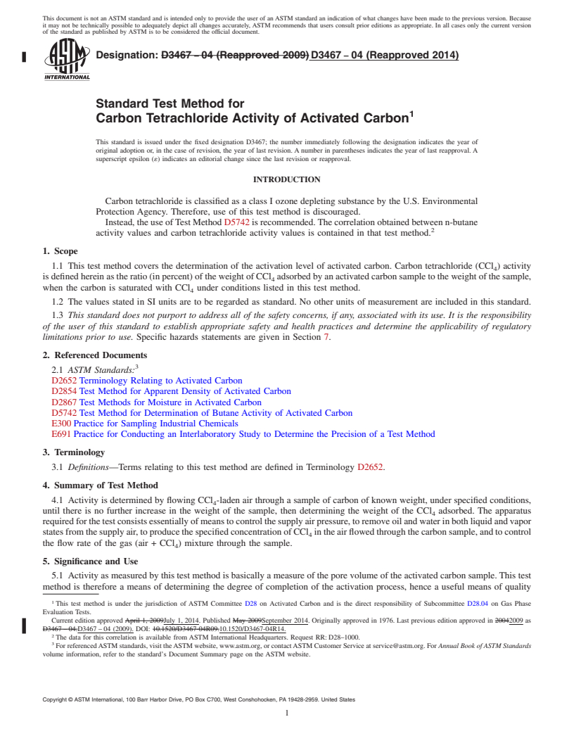 REDLINE ASTM D3467-04(2014) - Standard Test Method for  Carbon Tetrachloride Activity of Activated Carbon
