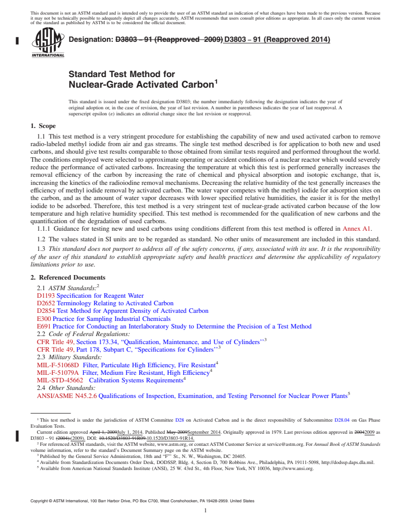 REDLINE ASTM D3803-91(2014) - Standard Test Method for Nuclear-Grade Activated Carbon