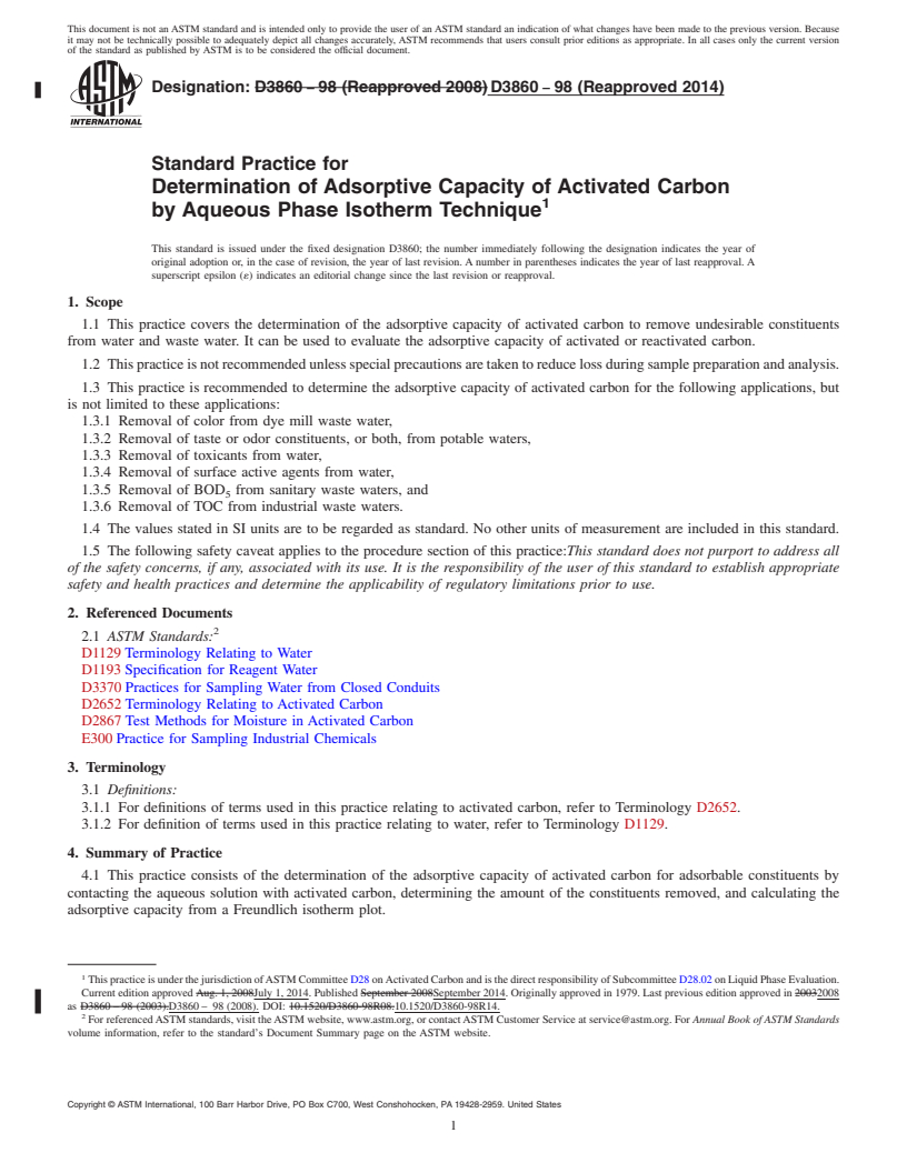 REDLINE ASTM D3860-98(2014) - Standard Practice for  Determination of Adsorptive Capacity of Activated Carbon by  Aqueous Phase Isotherm Technique