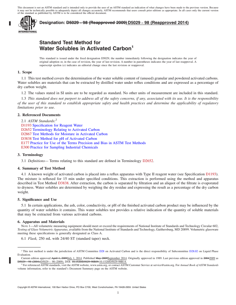 REDLINE ASTM D5029-98(2014) - Standard Test Method for  Water Solubles in Activated Carbon