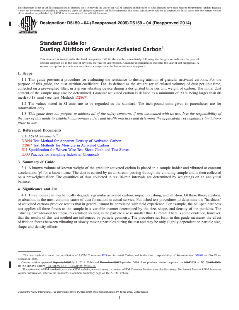 REDLINE ASTM D5159-04(2014) - Standard Guide for  Dusting Attrition of Granular Activated Carbon