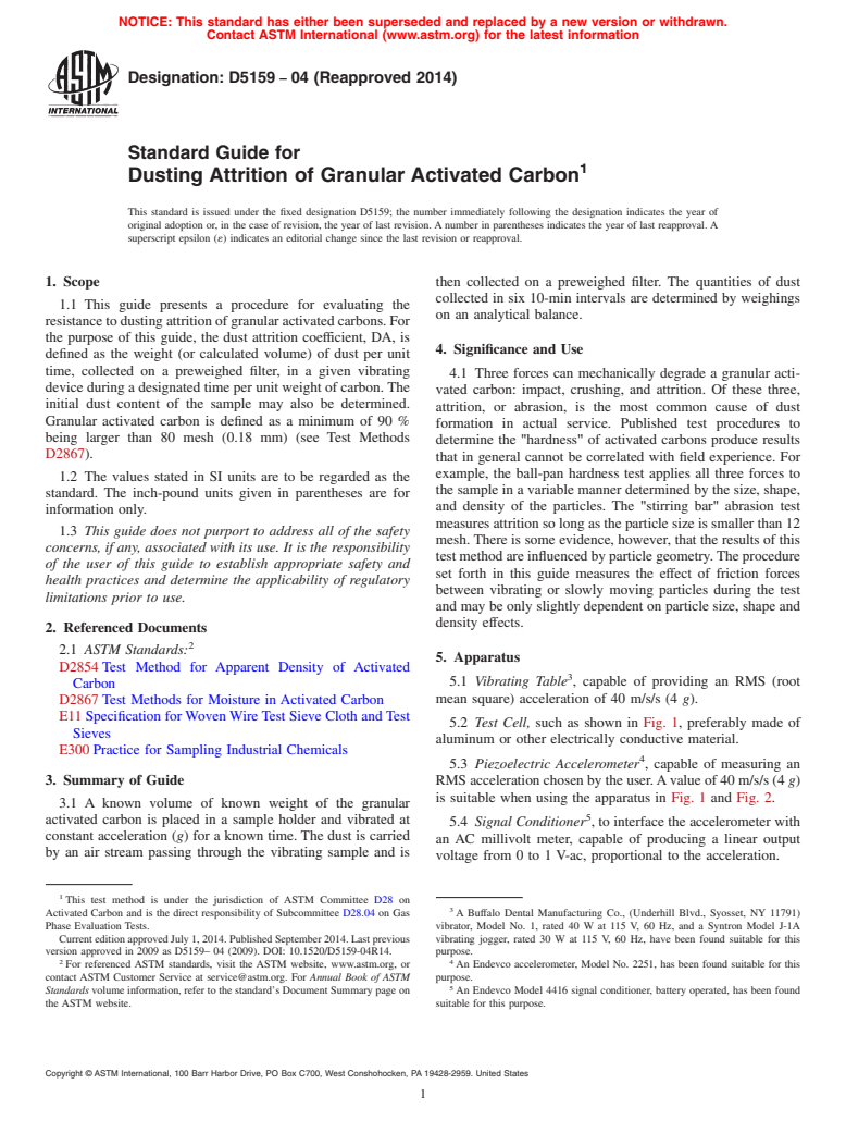 ASTM D5159-04(2014) - Standard Guide for  Dusting Attrition of Granular Activated Carbon