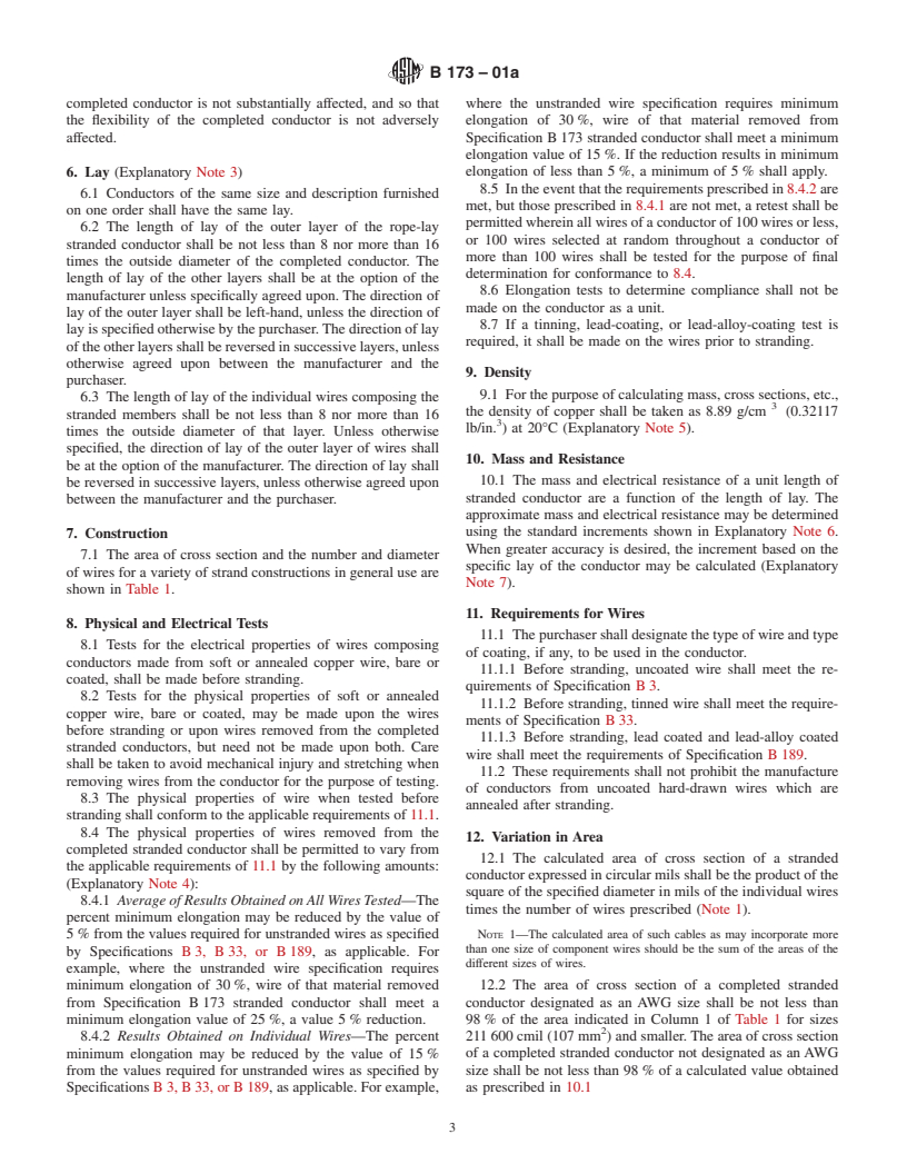 ASTM B173-01a - Standard Specification for Rope-Lay-Stranded Copper Conductors Having Concentric-Stranded Members, for Electrical Conductors